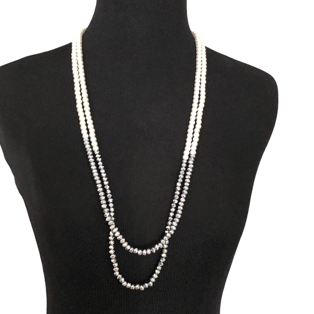 Cato Pearl and Silver Color beaded double layer Long Necklace - Picture 7 of 7